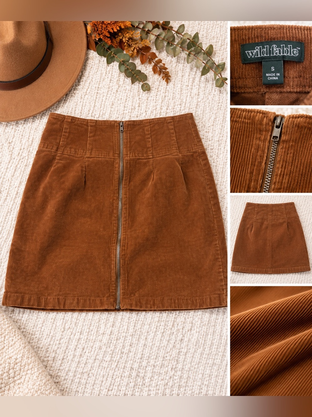 Wild Fable Brown Corduroy Mini Skirt Small Fall Y2K Zip Front